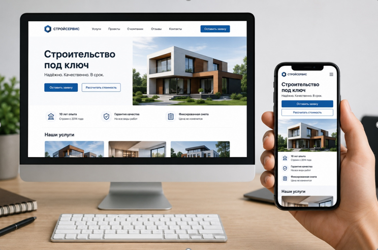 Пример сайта строительной компании на десктопе и смартфоне